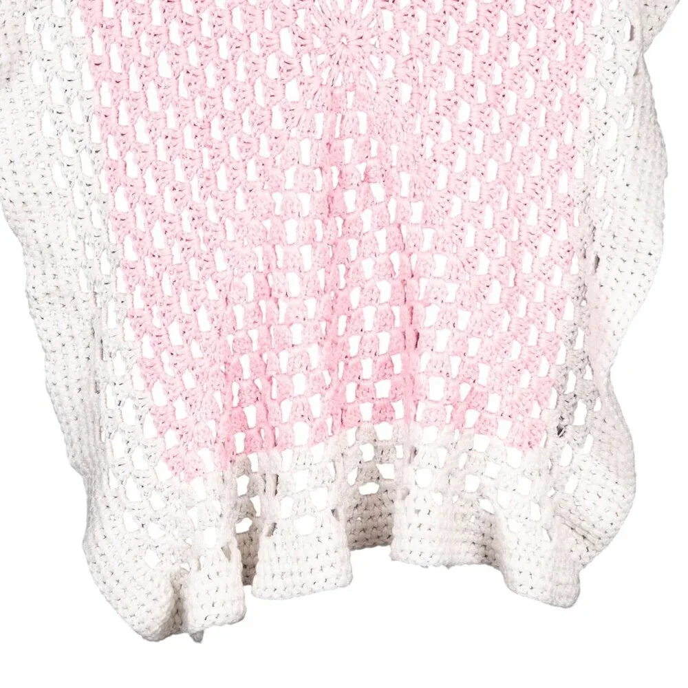 Handmade Crochet Baby Blanket Pink White Soft Open Knit Nursery Decor